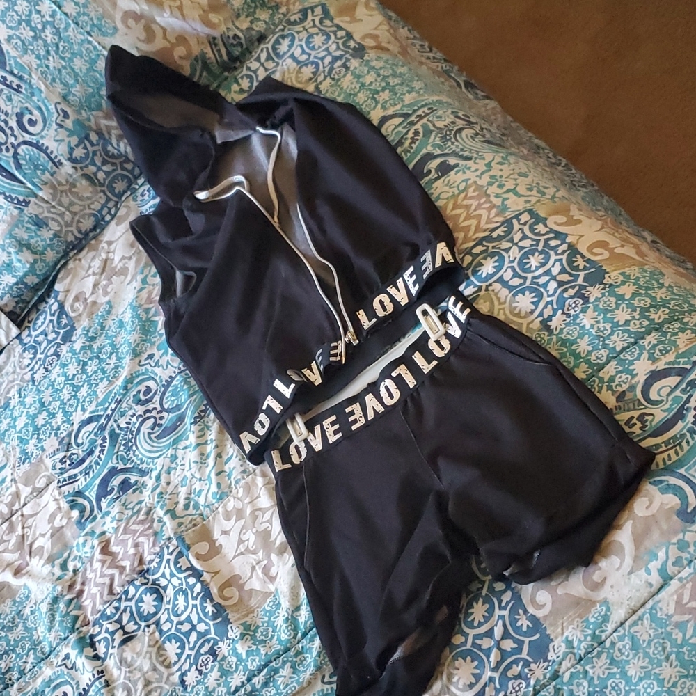 Brand new Short and top with hoodie black with love writing